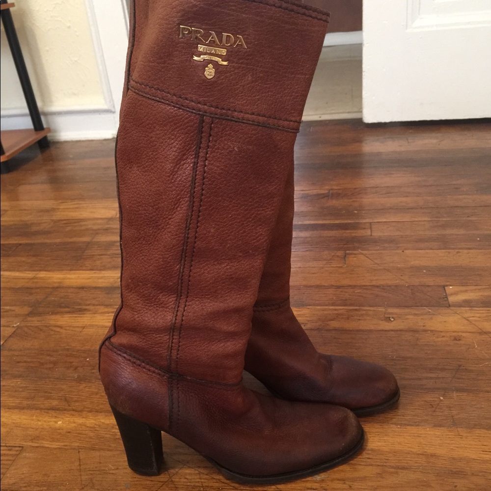 Prada Deerskin Antik Cervo Logo Riding Boots